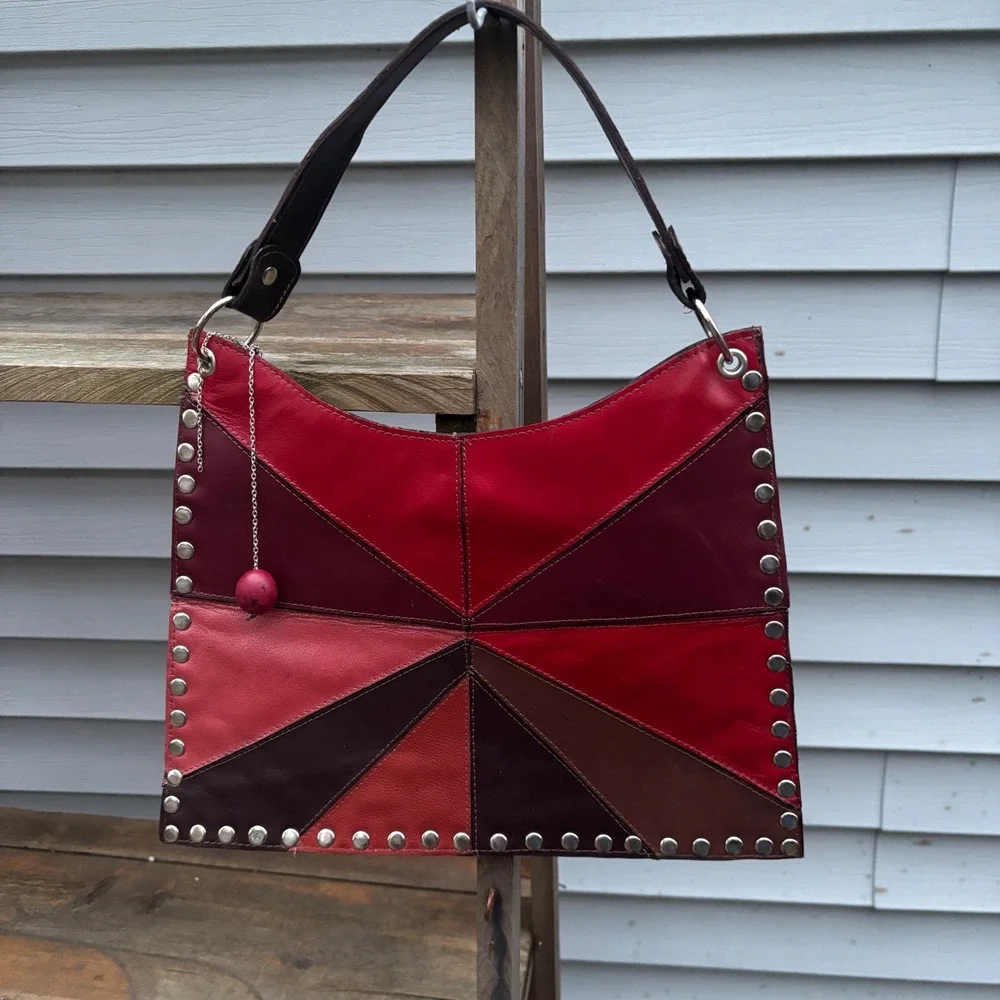 Patchwork Y2K Shoulder Bag Red Burgundy Brown‎ Studded Magnetic Snap
